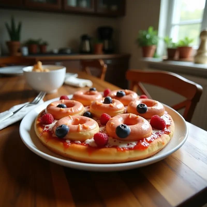Pizza redonda con base dorada cubierta de rodajas de donuts fritos glaseados, plátano, fresas y virutas de chocolate, desayuno dulce y salado ultra calórico.