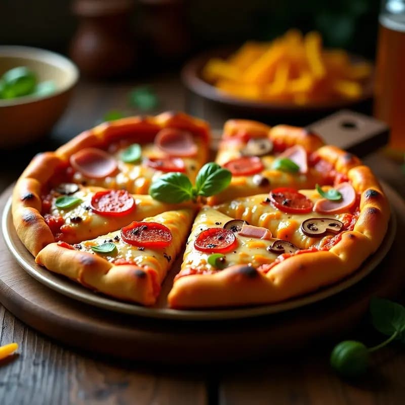 Pizza rectangular con base dorada y crujiente de Doritos nacho, dividida en 4 secciones con pepperoni, jamón york, champiñones salteados y pimiento rojo asado, cubierta de queso mozzarella y cheddar derretido y gratinado, decorada con orégano y albahaca fresca, receta de fritura y derretimiento total.