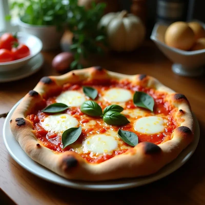 Pizza napoletana auténtica con base fina y bordes altos, mozzarella de búfala derretida, salsa de tomate San Marzano y hojas de albahaca fresca, horneada en piedra de horno con textura crujiente y dorada.