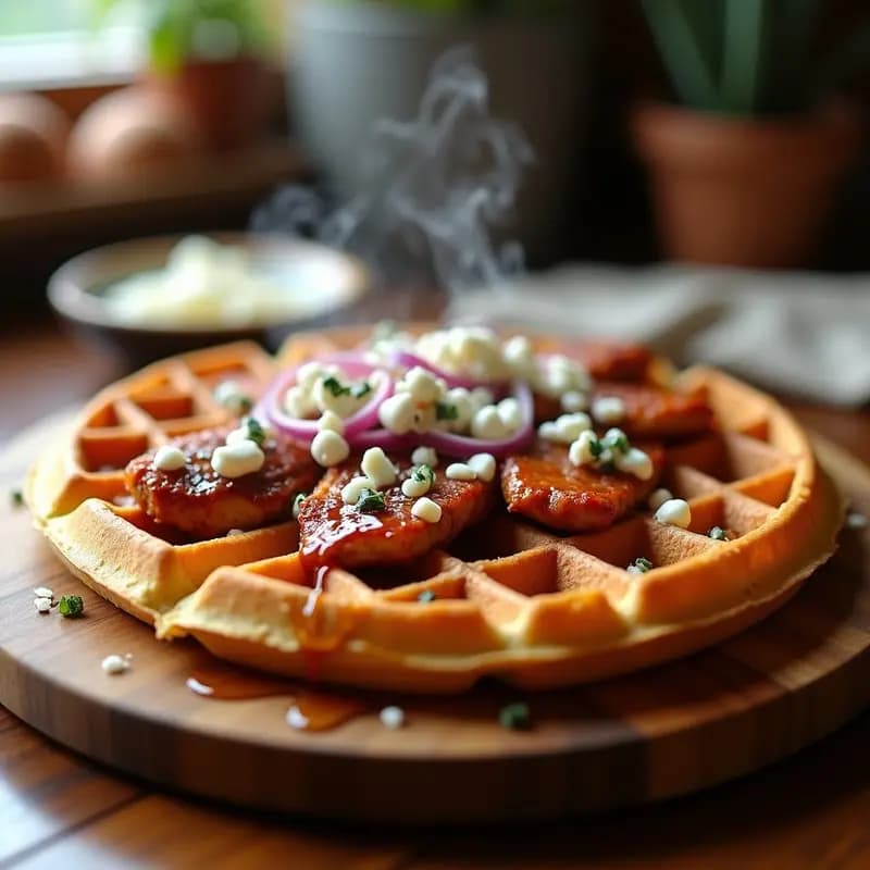Pizza de waffle dorado y crujiente cubierta con tiras de pollo a la barbacoa, queso azul desmenuzado, cebolla morada y un hilo de sirope de arce brillante, servida en una bandeja de madera con fondo borroso.
