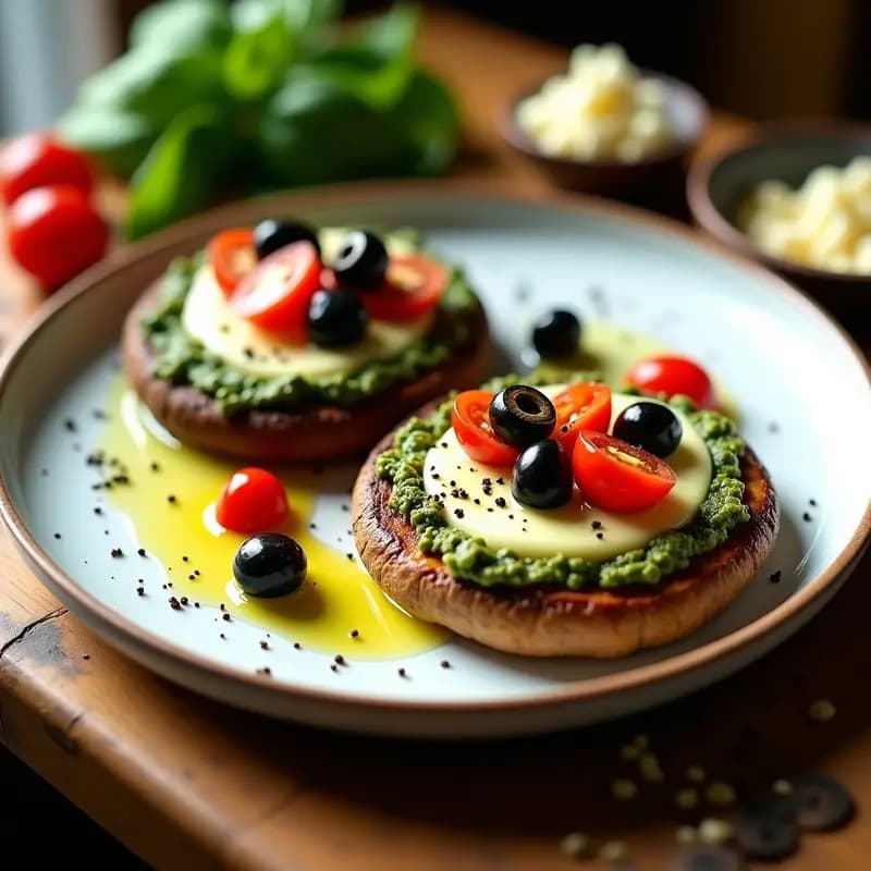 Pizzetta vegana de Portobello en Airfryer con base de hongo Portobello crujiente, cubierta de pesto verde de rúcula y queso cremoso de anacardos, decorada con tomates cherry rojos y aceitunas negras, servida en plato blanco rústico con hilo de aceite de oliva.