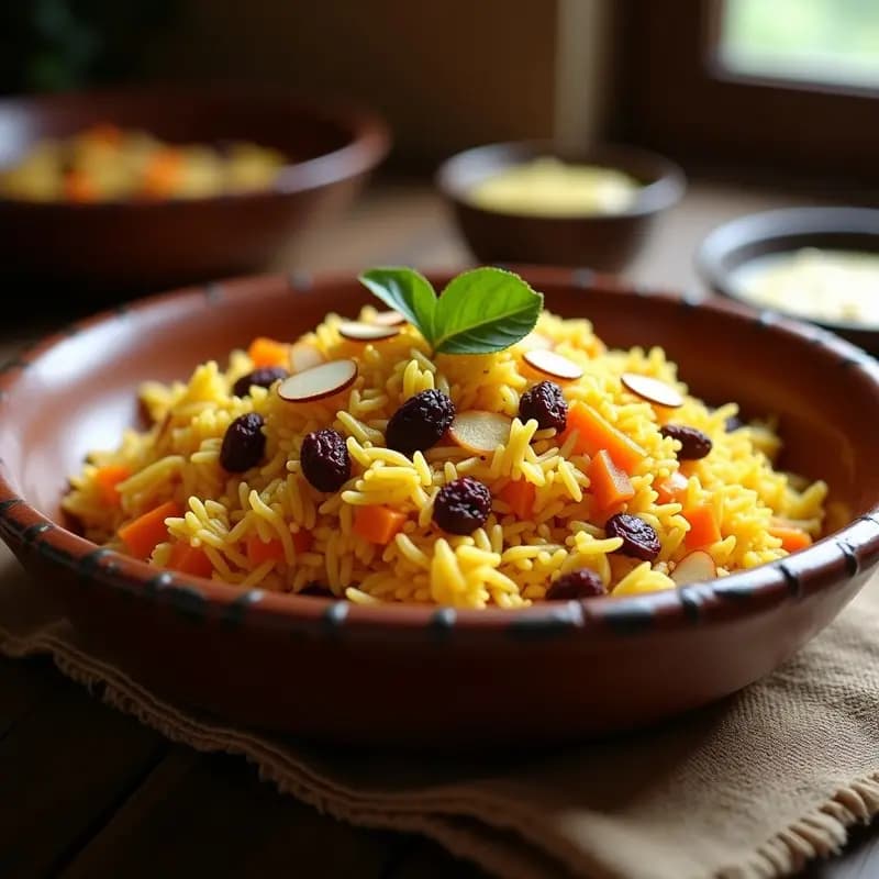 Plato hondo de barro con Bukharah Plov: arroz basmati amarillo especiado con pasas doradas, zanahorias en juliana y cebolla morada caramelizada, decorado con almendras fileteadas y hoja de laurel. Receta uzbeka de arroz especiado con azafrán.