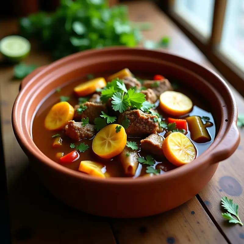 Olla lenta con poción de criollo dominicano, carne de res tierna en salsa espesa con rodajas de plátano verde, decorado con cilantro fresco y hojas de culantro.