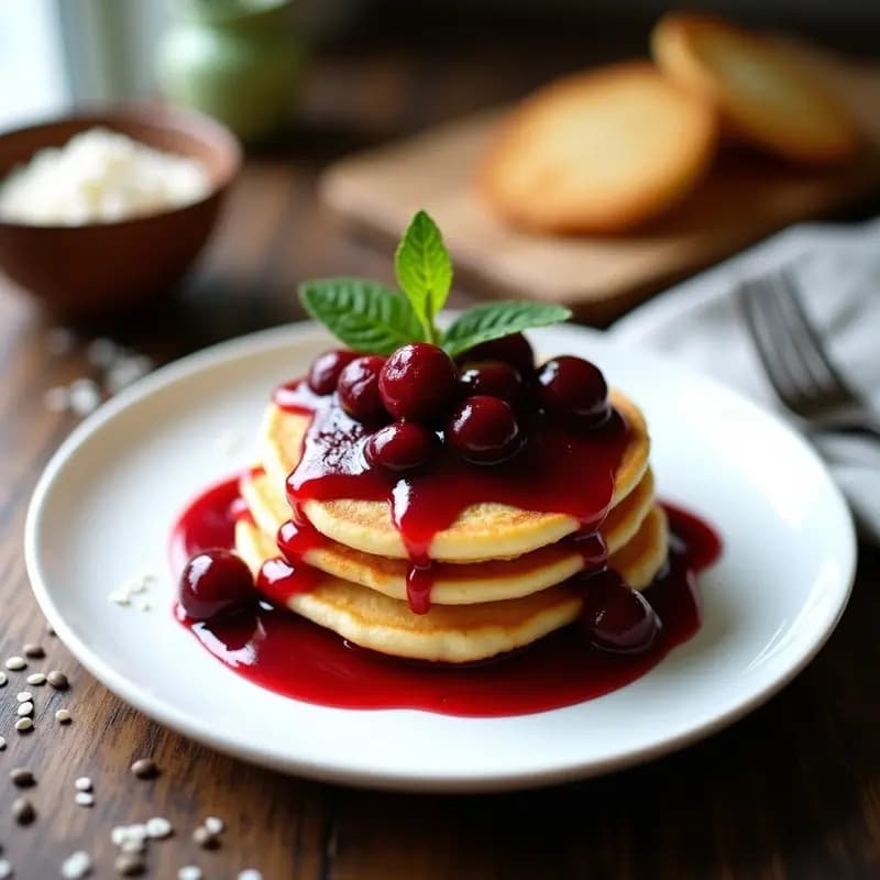 Plato blanco con poffertjes holandesas veganas y sin gluten doradas, apiladas y bañadas en compota de arándanos brillante con trozos enteros. Decoradas con semillas de chía y un toque de jengibre rallado, sobre fondo rústico de madera.