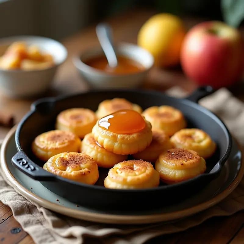 Plato blanco con poffertjes holandeses dorados y esponjosos, cubiertos con compota de manzana brillante y una pizca de canela en polvo, servidos en un desayuno campestre con fondo de madera rústica.