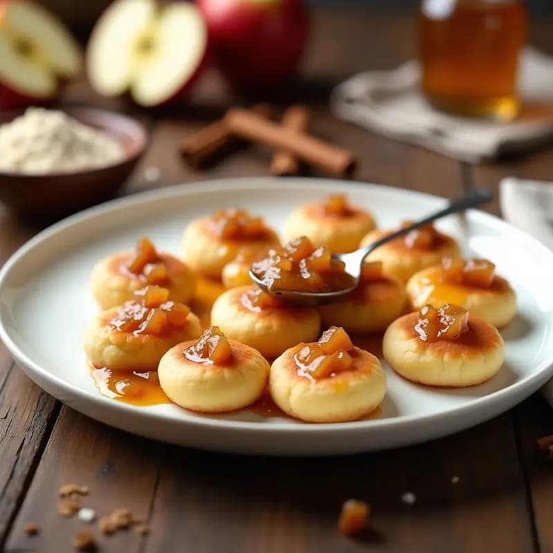 Plato blanco con poffertjes holandesas de harina de arroz doradas y esponjosas, acompañadas de compota de manzana casera sin azúcar, espolvoreadas con canela. Fondos borrosos de ingredientes como harina de arroz y manzanas.
