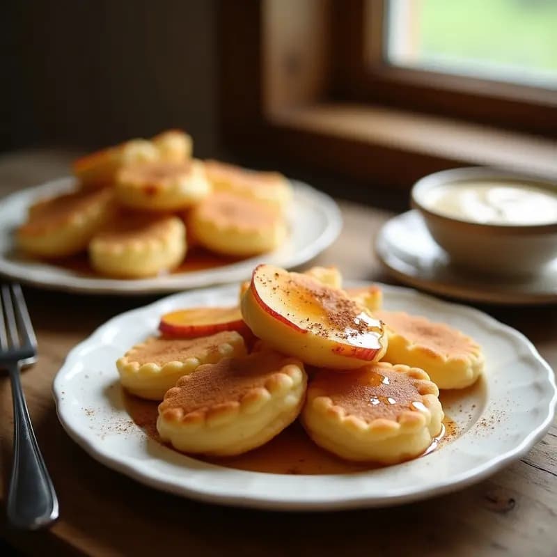 Poffertjes holandeses dorados y esponjosos de harina de avellana en airfryer, servidos en plato blanco con azúcar moreno espolvoreado y compota de manzana al lado.
