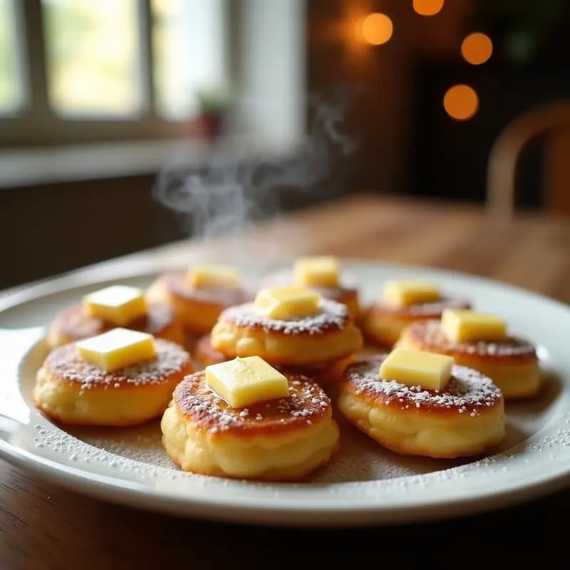 Plato blanco con poffertjes holandeses dorados y esponjosos, servidos con mantequilla derretida en el centro y espolvoreados con azúcar glas, sobre fondo rústico de madera.