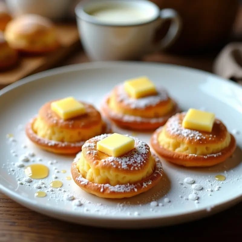 Plato blanco con poffertjes holandesas doradas y esponjosas, bañadas en mantequilla derretida y espolvoreadas con azúcar glass, sobre un mantel de lino con fondo rústico.