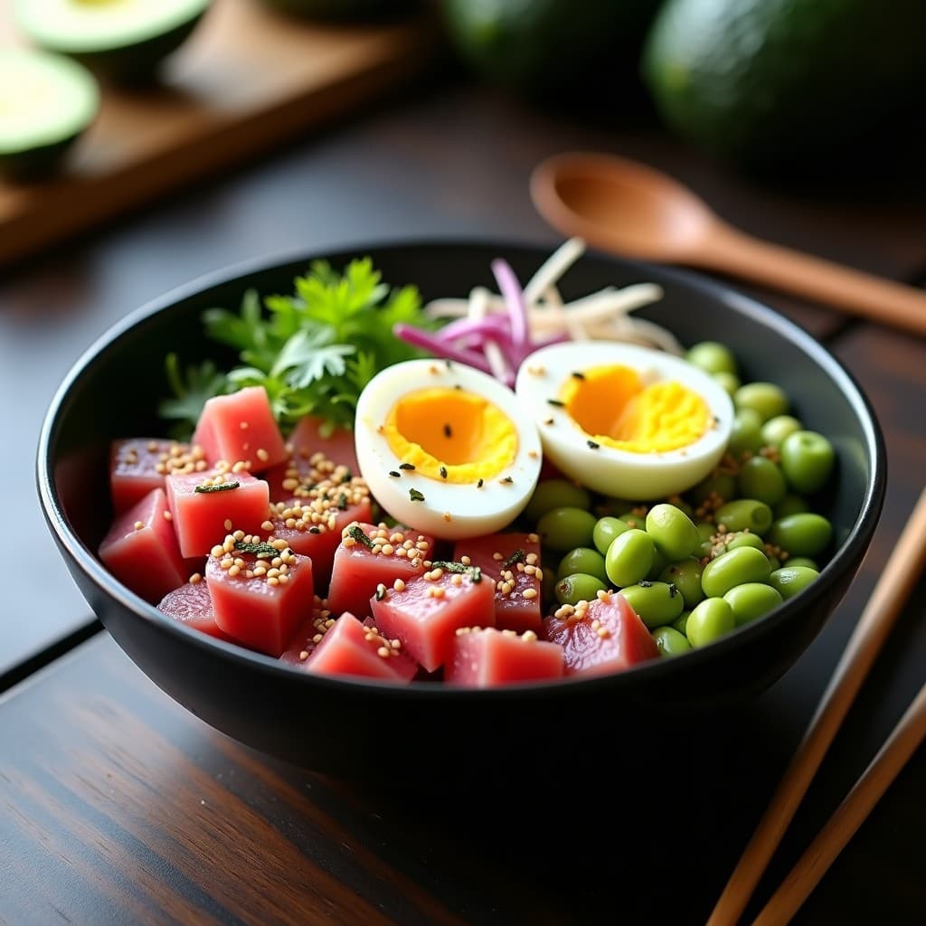 Poke Bowl de Atún con Aguacate y Edamame en un plato hondo negro, con atún rojo en cubos, láminas de aguacate, edamame verde, pepino en juliana, cebolla morada, huevos de codorniz y semillas de sésamo tostadas. Salsa de sésamo brillante vertida por encima. Fondo minimalista con toques de algas nori.