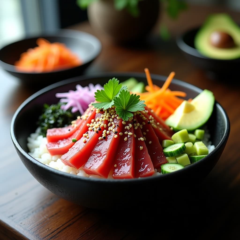 Poke Bowl japonés con atún rojo marinado en salsa umami, aguacate en láminas, arroz basmati, cebolla morada, pepino, zanahoria rallada, edamame, algas nori y semillas de sésamo, decorado con cilantro y pimienta rosa en un bol negro sobre fondo de madera.