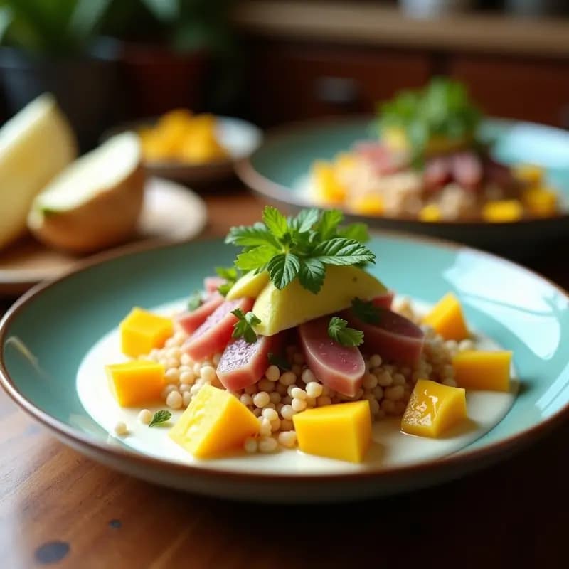 Poke Bowl Hawaiano de Atún y Mango con Leche de Coco y Limón servido en un bol negro, con atún fresco en cubos, mango dorado, aguacate en láminas, cebolla morada, semillas de sésamo, algas nori y cilantro fresco sobre arroz blanco. Fondos borrosos de ingredientes tropicales.