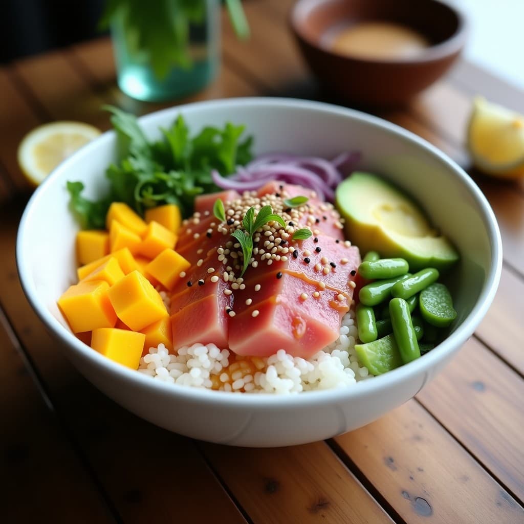 Poke bowl colorido con base de arroz blanco, atún fresco en cubos marinado, trozos de mango dorado, aguacate en láminas, pepino en juliana, cebolla morada, edamame, algas wakame y semillas de sésamo negro y blanco, bañado en vinagreta de sésamo, servido en un bol de cerámica blanca sobre fondo rústico.