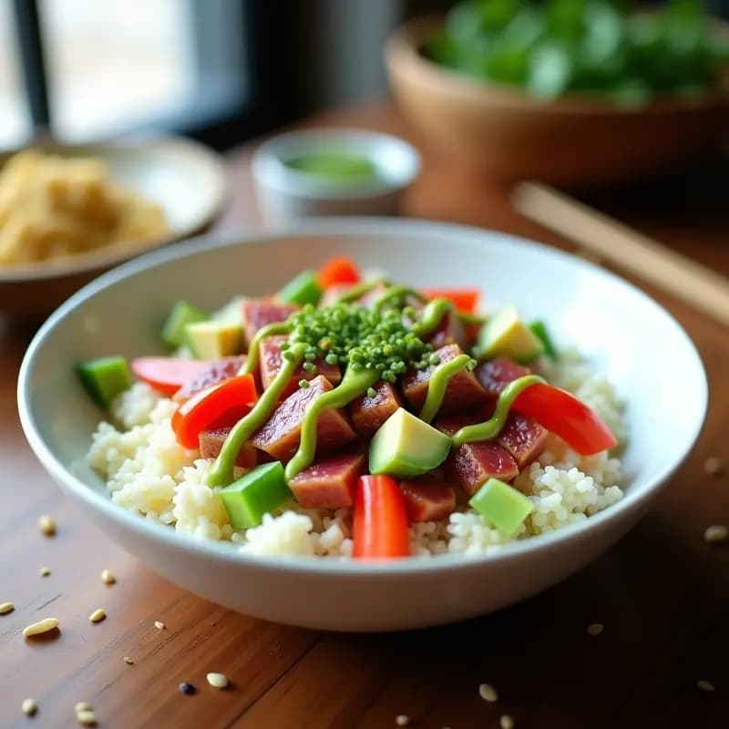 Poke bowl keto en plato hondo con base de coliflor rizada cruda, trozos de atún marinado, aguacate, pimiento rojo, pepino, cebolla morada, semillas de sésamo y algas nori, bañado en aderezo verde de wasabi.