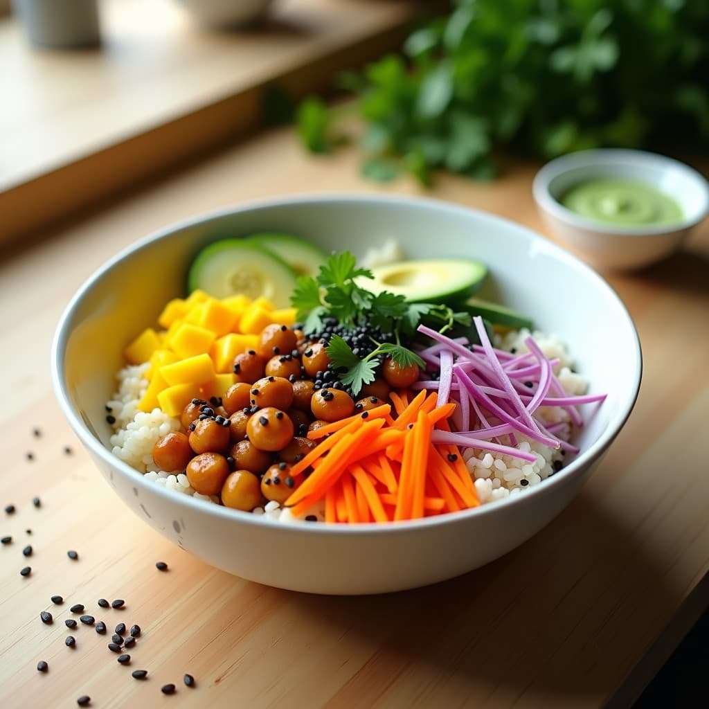 Poke Bowl vegano en bol negro con base de arroz blanco, garbanzos dorados crujientes, cubos de mango amarillo, aguacate en láminas, cebolla morada, pepino y semillas de sésamo negro. Salsa cremosa de wasabi vertida por encima y alga nori troceada. Receta hawaiana sin pescado, alta en proteína y colorida.