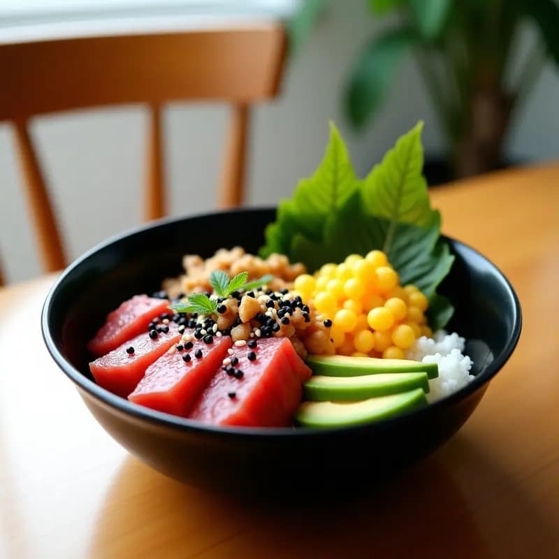 Poke Bowl Hawaiano con Atún Rojo en cubos, maracuyá amarilla, algas nori tostadas, aguacate en láminas y arroz de sushi, servido en bol negro con semillas de sésamo y wasabi al lado.