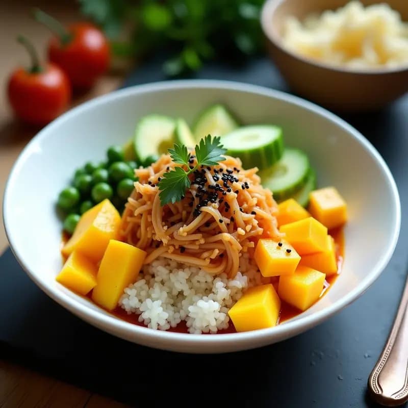 Poke Bowl Hawaiano vegano con atún de jackfruit desmenuzado y marinado, arroz de coliflor, edamame, mango en cubos, pepino en juliana y aguacate, decorado con semillas de sésamo negro y cilantro fresco, servido en un bol de cerámica blanca con vinagreta de yuzu.