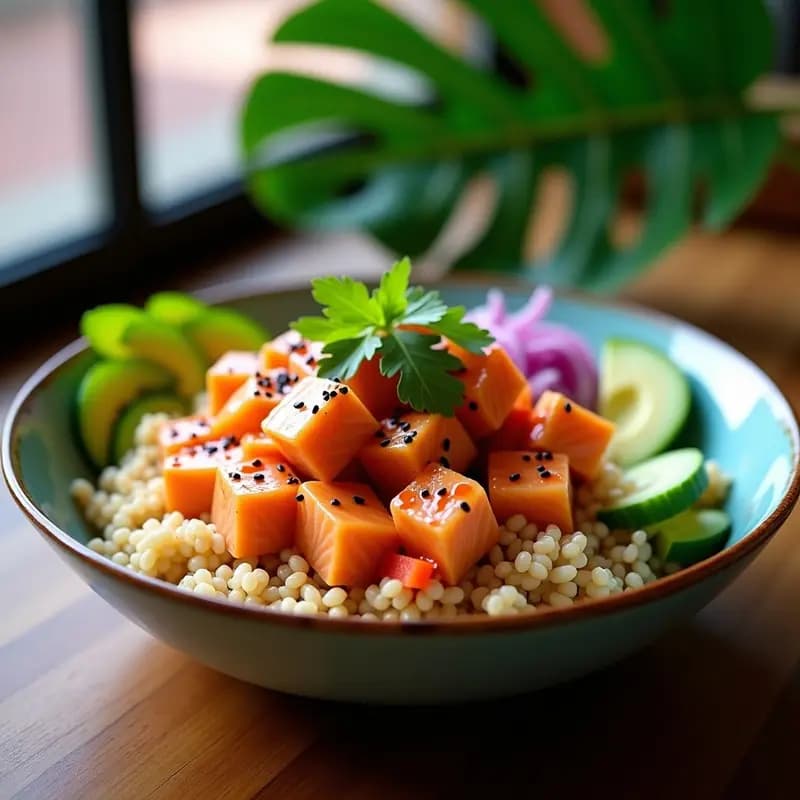 Poke bowl hawaiano con salmón fresco en cubos, aguacate en láminas, pepino y cebolla morada sobre arroz integral, decorado con salsa amarilla de maracuyá, semillas de sésamo y algas nori. Plato colorido y fresco, ideal para receta fitness.