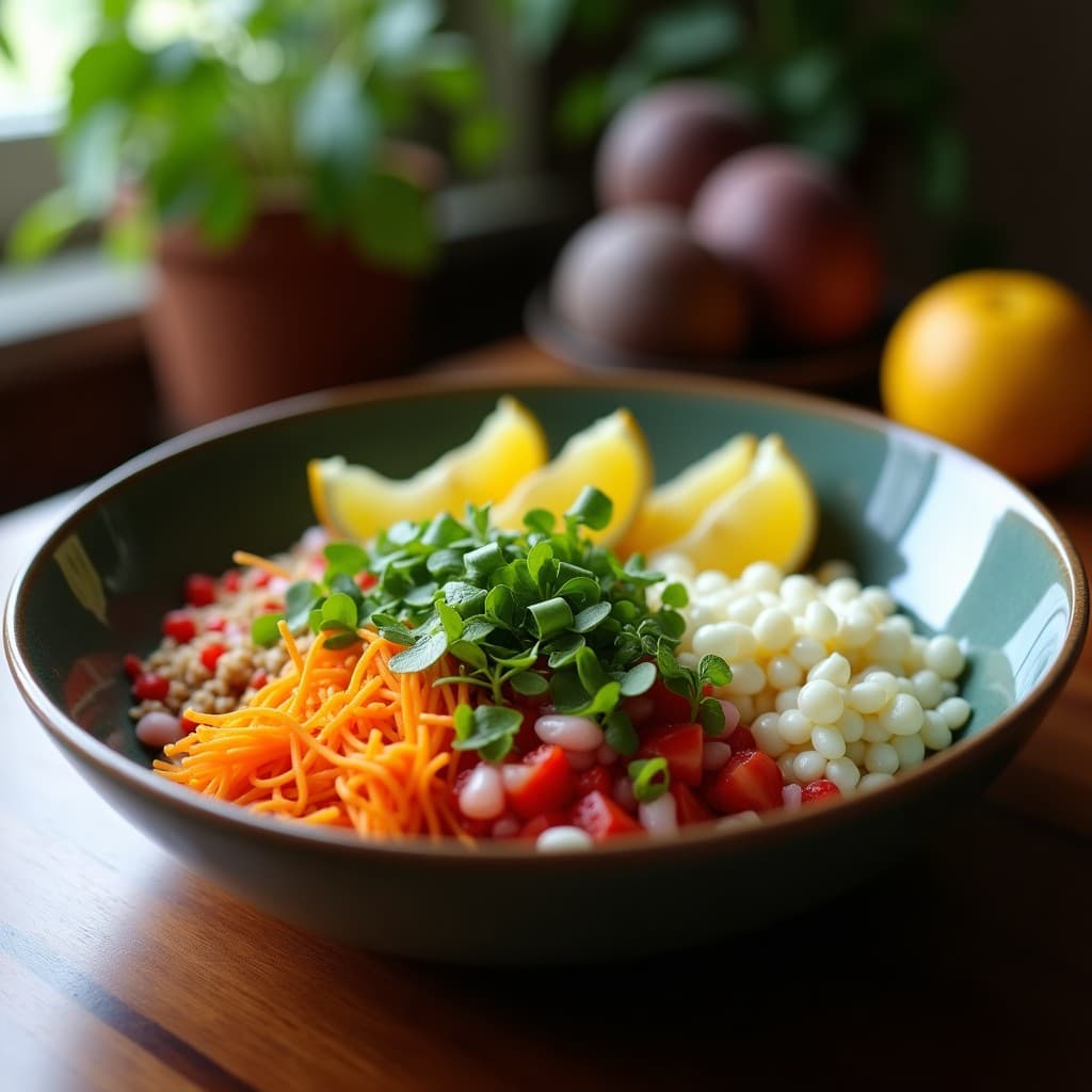 Poke Bowl vegano y sin gluten con quinoa, remolacha asada en cubos dorados, láminas de aguacate cremoso, edamame verde, zanahoria púrpura juliana, brotes de alfalfa y semillas de sésamo negro, bañado en un aderezo brillante de cítricos. Decorado con tiras de alga nori y rodajas de lima sobre un cuenco de cerámica blanca.