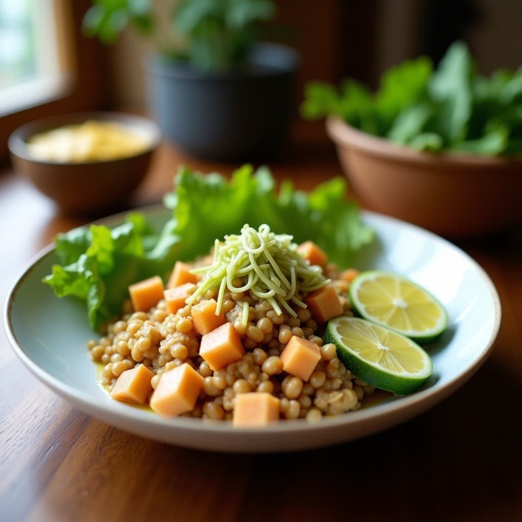 Poke Bowl vegano y crudivegano con remolacha roja marinada en cubos, aguacate cremoso, zanahoria rallada naranja, pepino verde, edamame y rábanos blancos en juliana. Decorado con semillas de sésamo negro, tiras de alga nori y cebollino picado. Aliño brillante de limón yuzu sobre un bol de cerámica blanca, con fondo de madera rústica.