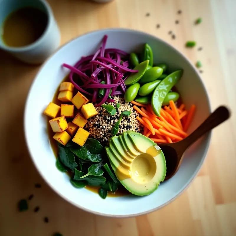 Poke bowl vegano hawaiano con base de arroz salvaje y quinoa, cubos de remolacha asada con pimentón ahumado, aguacate verde cremoso, edamame, zanahoria morada en juliana, algas nori y semillas de sésamo negro, bañado en vinagreta de jengibre y lima.