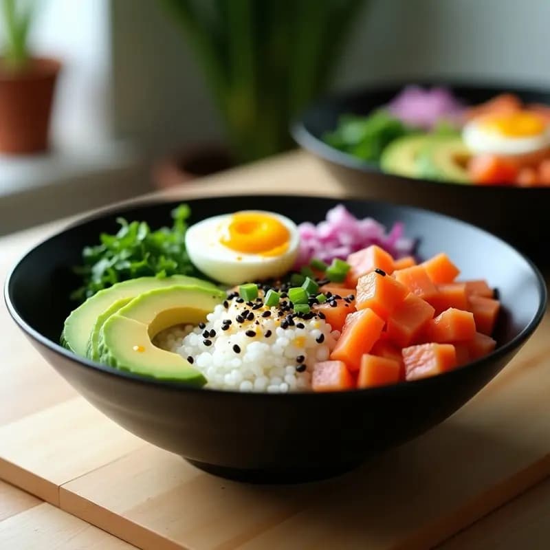 Poke Bowl de Salmón y Aguacate hawaiano con arroz japonés brillante, cubos de salmón fresco marinado, láminas de aguacate cremoso, cebolla morada y pepino. Decorado con semillas de sésamo, cebollino, alga nori y salsa ponzu. Plato colorido y fresco en un bol negro.