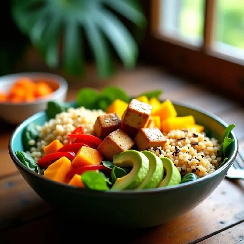 Poke bowl hawaiano vegano con tofu marinado en cubos, mango maduro, aguacate en trozos, zanahoria rallada y pimiento rojo sobre una base de espinacas baby y quinoa inflada. Decorado con semillas de sésamo, algas nori y aderezo de wasabi.