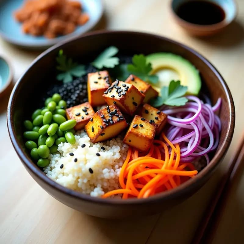 Poke Bowl de tofu y quinoa en bol negro hondo, con base de quinoa blanca, cubos de tofu dorado marinado, láminas de aguacate verde, tiras de pepino y zanahoria morada, espolvoreado con semillas de sésamo negro y algas nori, acompañado de wasabi y cebollino fresco. Receta japonesa alta en proteína sin pescado.
