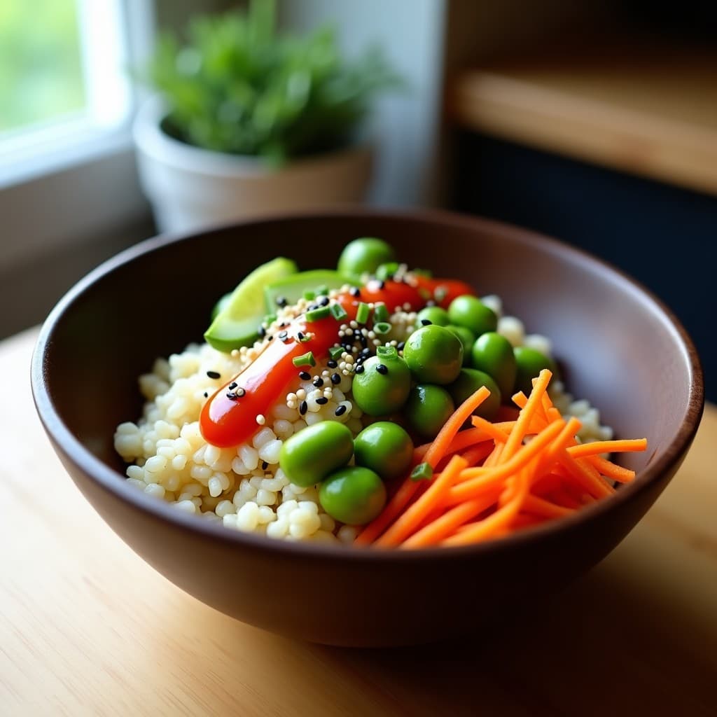 Poke Bowl Vegano de Coliflor Arrozada y Edamame con Salsa Sriracha servido en un bol de madera oscuro. Base de coliflor arrozada de color blanco crema, cubierto con edamame verde brillante, pepino en cubos, zanahoria morada en juliana y cebollino picado. Decorado con copos de alga nori, semillas de sésamo negro y un hilo de salsa sriracha roja. Fondo minimalista con tonos neutros.