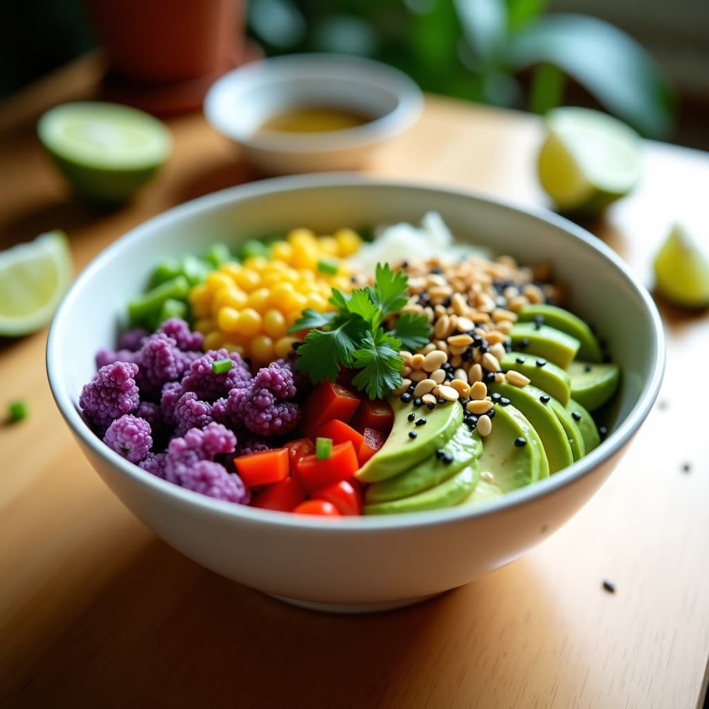 Plato hondo de cerámica blanca con poke de coliflor morada y aguacate, decorado con tiras de algas nori, semillas de sésamo negro y cilantro fresco. Los colores vibrantes de la coliflor morada y el verde del aguacate destacan sobre el fondo claro. Receta hawaiana vegana de poke con aderezo de algas y limón.