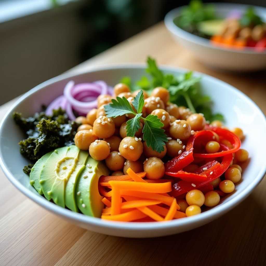 Bowl de poke vegano con garbanzos tostados dorados, algas nori en tiras, aguacate en cubos, zanahoria rallada, pimiento rojo asado y cebolla morada, bañado en aderezo de sésamo y jengibre, decorado con semillas de sésamo y cilantro fresco.