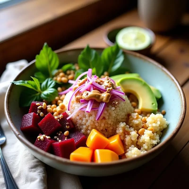 Bowl colorido de Poke de Remolacha y Quinoa con Salsa de Cacahuete, mostrando quinoa blanca y inflada, cubos de remolacha marinada, aguacate, pepino, cebolla morada, algas nori y semillas de sésamo, todo aliñado con una cremosa salsa de cacahuete. Receta hawaiana vegana y sin gluten.