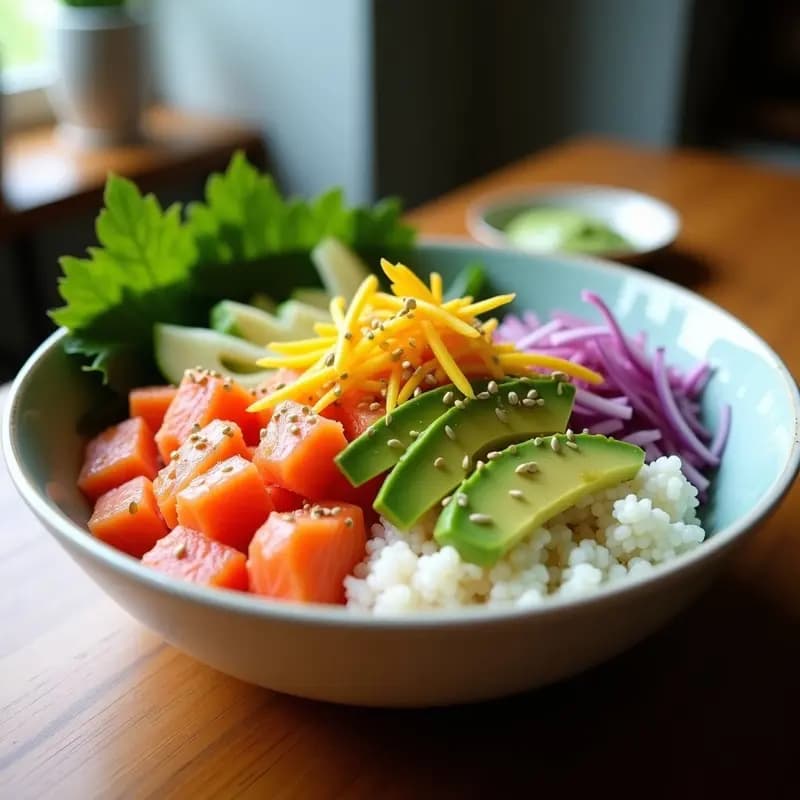 Bowl de poke hawaiano con base de arroz japonés, cubos de salmón fresco marinado, aguacate en trozos, cebolla morada, pimiento amarillo, brotes de rábano y semillas de cáñamo, acompañado de salsa de wasabi verde. Receta alta en proteínas.