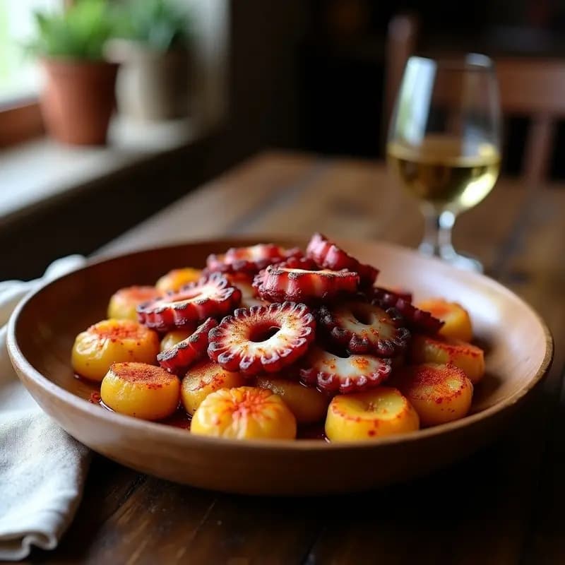 Plato de madera rústico con polbo á feira tradicional: pulpo tierno en rodajas gruesas con patatas cachelo aplastadas y doradas, espolvoreado con pimentón de la Vera, típico de las ferias gallegas.