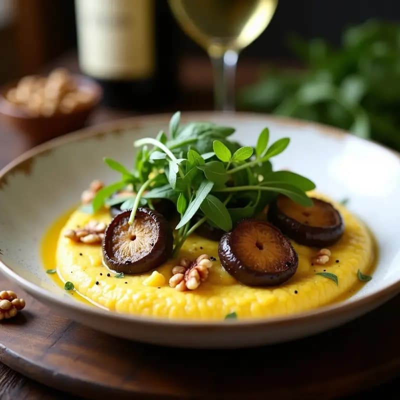Plato hondo de cerámica blanca con polenta crema amarilla brillante, coronada por láminas doradas de hongos Portobello, rúcula fresca verde intenso, anacardos tostados y un hilo de aceite de oliva. Receta italiana vegana sin lactosa.