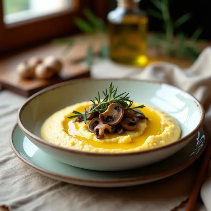 Tupper transparente con polenta cremosa de color amarillo pálido, coronada con hongos porcini dorados, almendras fileteadas tostadas y perejil fresco. A un lado, un frasco de aceite de trufa y una cuchara de madera. Receta italiana vegana para llevar.