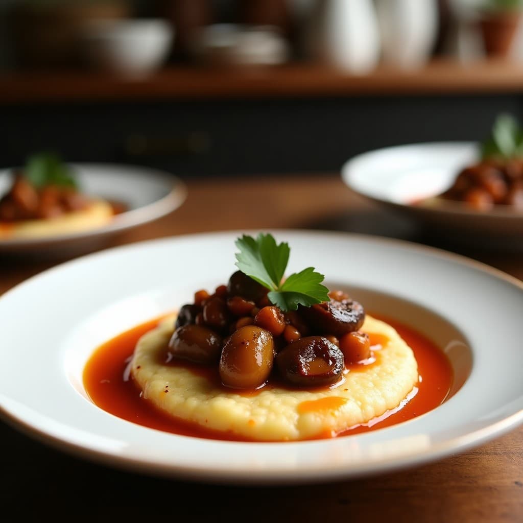 Plato hondo de cerámica blanca con polenta cremosa amarilla coronada por un ragú oscuro de berenjena y aceitunas Kalamata, decorado con perejil fresco y un hilo de aceite de oliva, sobre fondo de madera rústica.