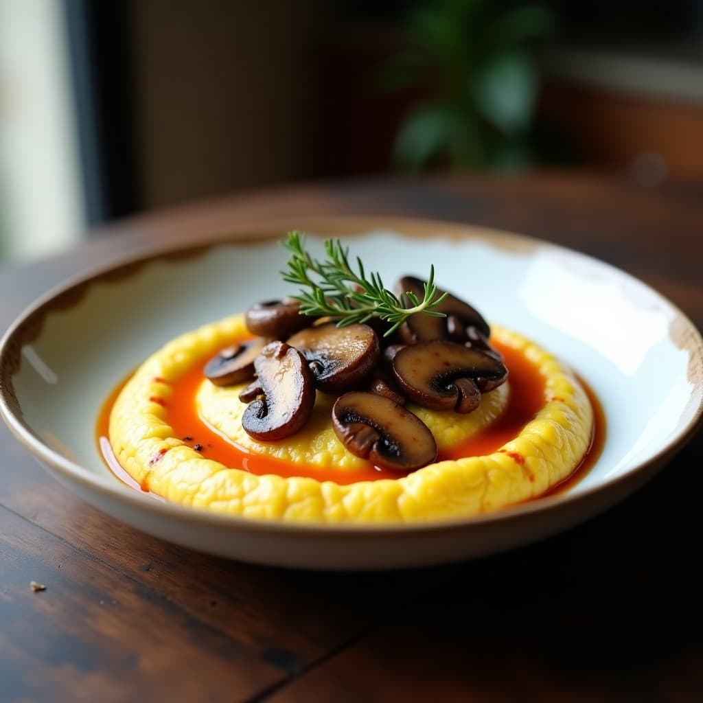 Plato hondo de cerámica blanca con polenta cremosa amarilla, setas portobello doradas y salsa romesco de almendras rojiza. Decorado con hojas de tomillo y un hilo de aceite de oliva. Receta catalana en Thermomix.
