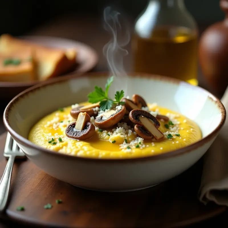 Plato hondo de cerámica blanca con polenta crema amarilla, trozos de hongos porcini dorados y queso pecorino rallado, decorado con perejil fresco y un hilo de aceite de oliva. Receta de polenta con hongos porcini y queso pecorino en olla exprés.