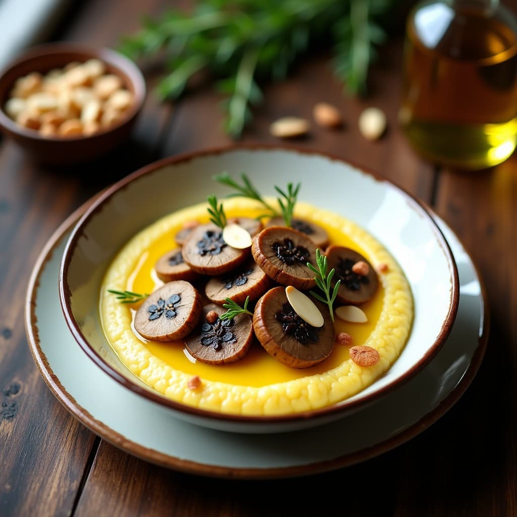 Plato hondo de cerámica blanca con polenta cremosa amarilla, hongos portobello dorados salteados y un hilo de aceite de trufa. Decorado con perejil fresco picado, sobre fondo rústico de madera.