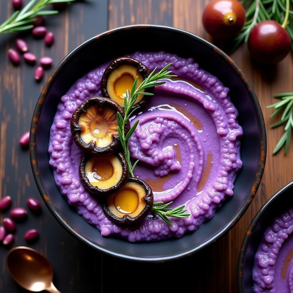 Plato hondo de cerámica negra con polenta cremosa de color morado intenso, coronada con láminas de hongos portobello dorados y hierbas frescas. Receta peruana vegana de polenta de maíz morado con hongos portobello.