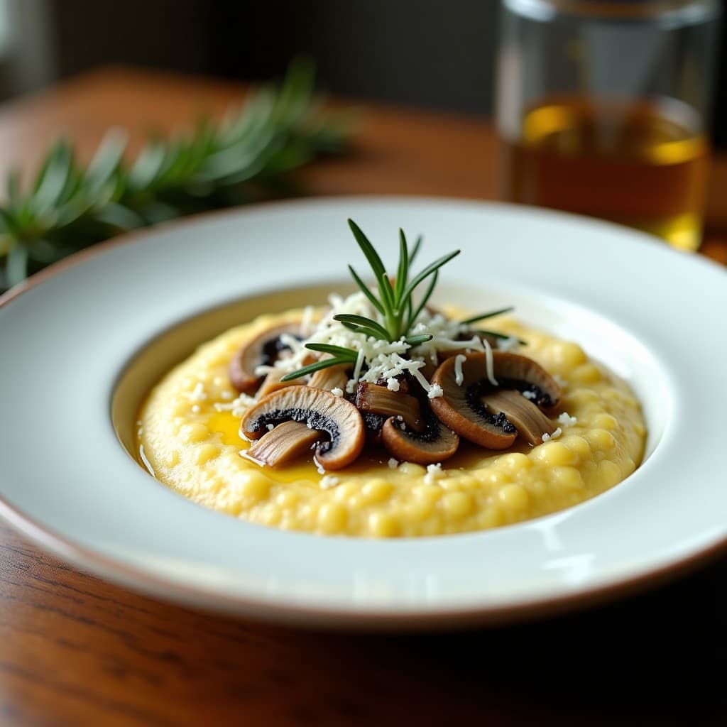 Plato hondo de cerámica blanca con polenta cremosa de color azulado, coronada con hongos porcini dorados y queso parmesano rallado. Decoración con hojas de romero fresco y un hilo de aceite de oliva. Fondo rústico de madera con cubiertos de plata.