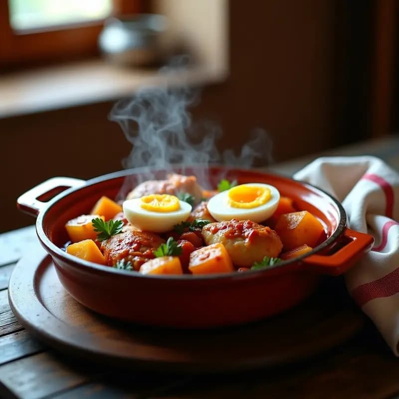 Cazuela de barro humeante con pollo al chile con patatas, trozos dorados de pollo, patatas melosas bañadas en salsa espesa y huevo duro picado. Decorado con perejil fresco sobre fondo rústico de madera.