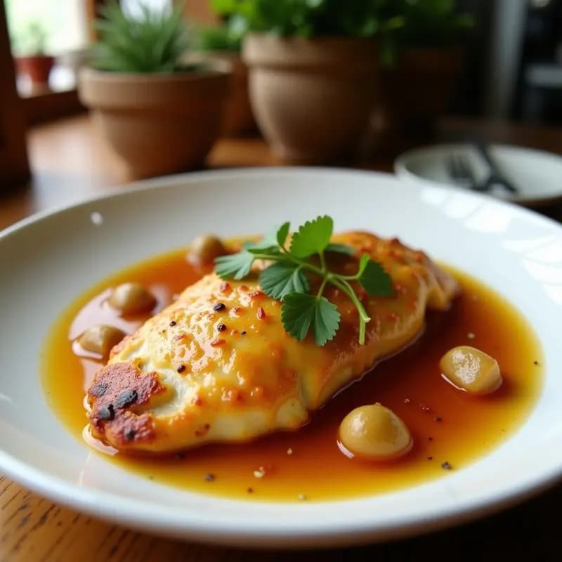 Plato de pollo frito coreano crujiente con glaseado brillante de miel y mostaza, espolvoreado con semillas de sésamo y cebollino, sobre fondo oscuro con textura rústica.