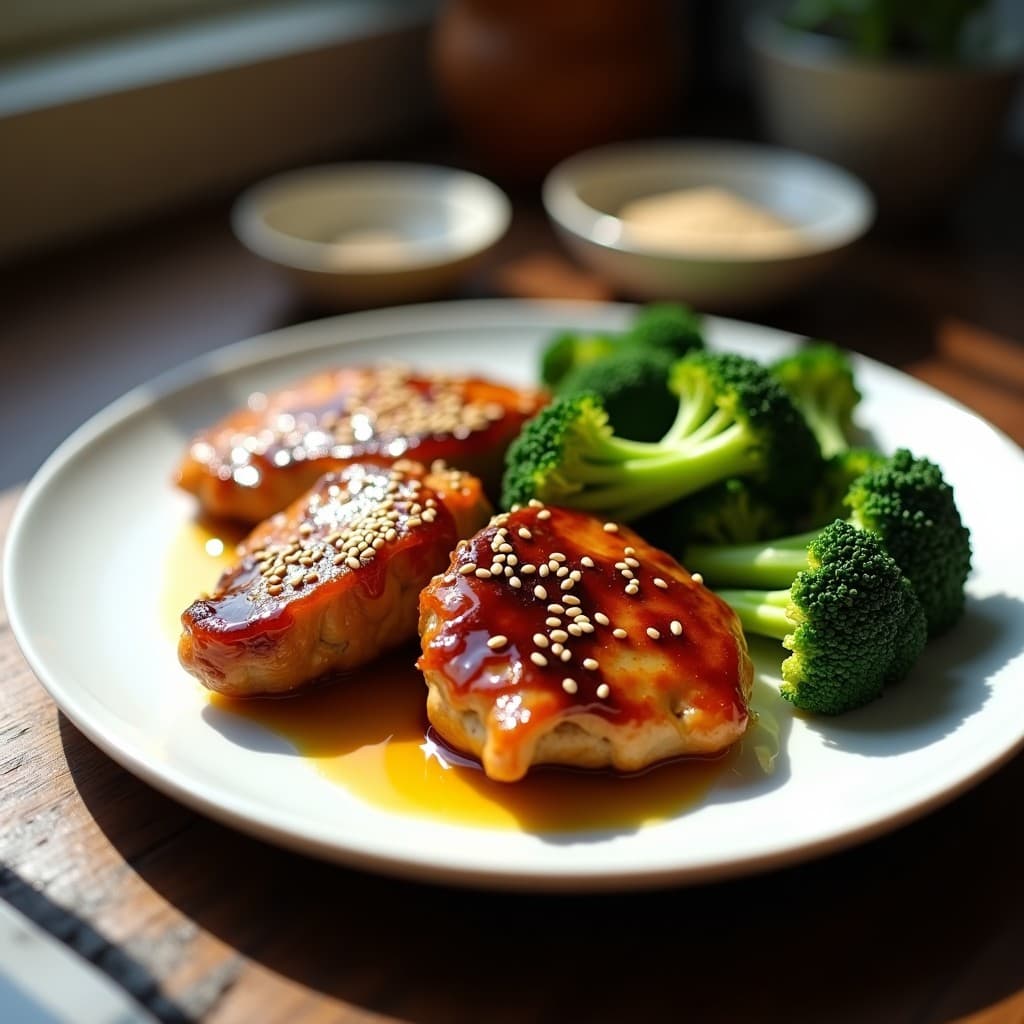 Plato blanco con pollo al miso y miel glaseado, trozos dorados y brillantes, acompañado de brócoli al vapor verde intenso. Semillas de sésamo tostadas espolvoreadas y un hilo de aceite de sésamo. Receta en olla exprés alta en proteína.