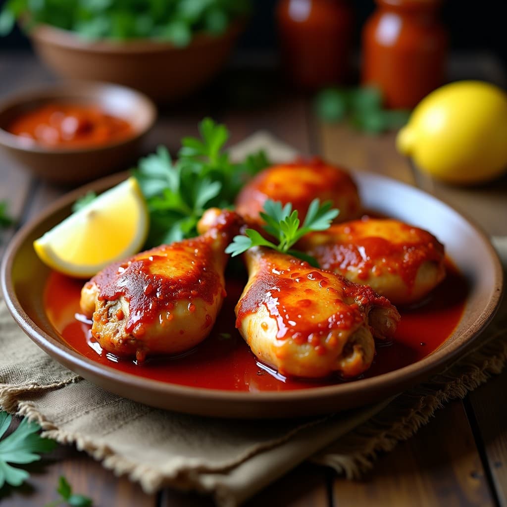 Muslos de pollo dorados y crujientes en una fuente de barro, bañados en un mojo espeso de ajo y pimentón de La Vera, con hojas de laurel y perejil fresco. Receta española de pollo al mojo de ajo en airfryer sin aceite.