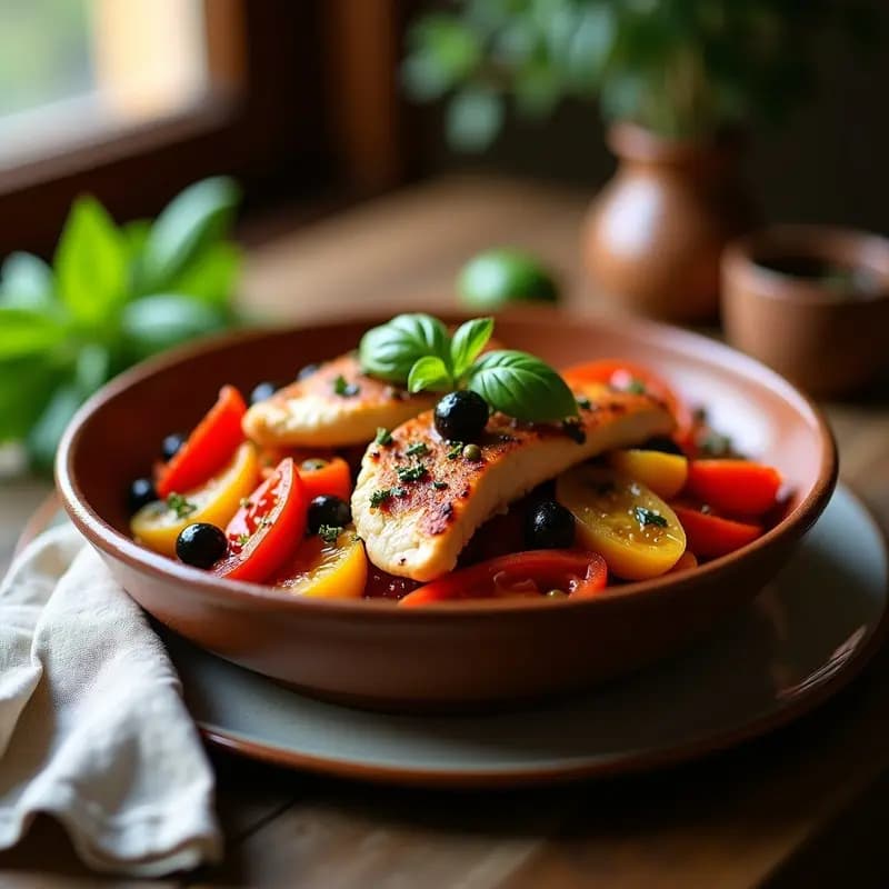 Plato hondo de barro con Pabo al Peperone: trozos de pollo dorado bañados en salsa de pimientos asados rojos y amarillos, aceitunas negras y tomates cherry, decorado con hojas de albahaca fresca.