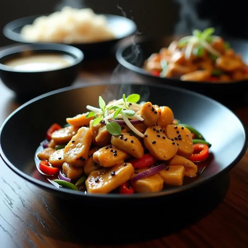 Plato hondo de cerámica negra con pollo al vino amarillo y hongos shitake salteados en wok, decorado con semillas de sésamo negro y brotes de soja frescos. La salsa brillante envuelve las tiras de pollo dorado y los hongos terrosos, con un fondo de pimiento rojo y cebolla morada en juliana. Receta china gourmet con toque umami.