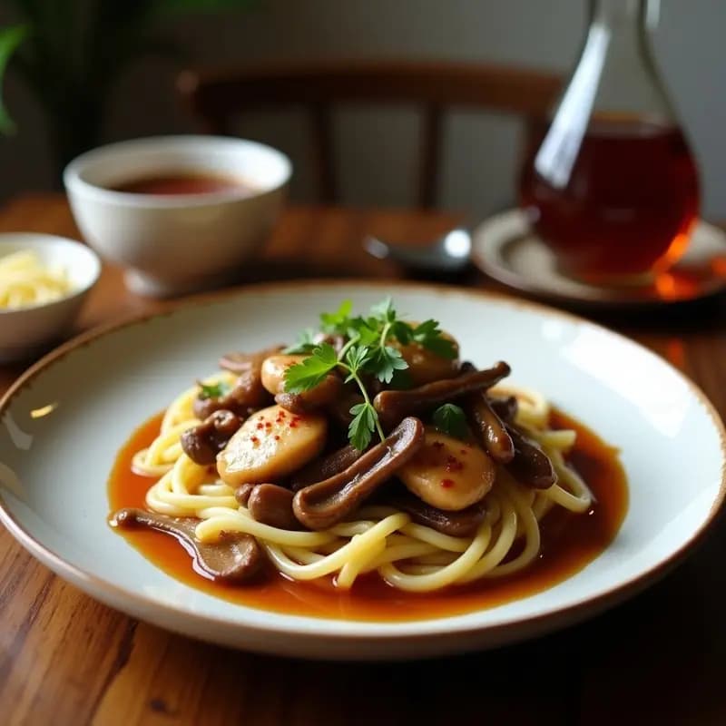 Plato hondo de cerámica blanca con Bai Jia Ji (pollo al vino de Shaoxing) y setas shiitake en salsa oscura y brillante, decorado con cebollino fresco y pimienta de Sichuan, acompañado de arroz jazmín. Receta china de estrella Michelin en olla exprés.