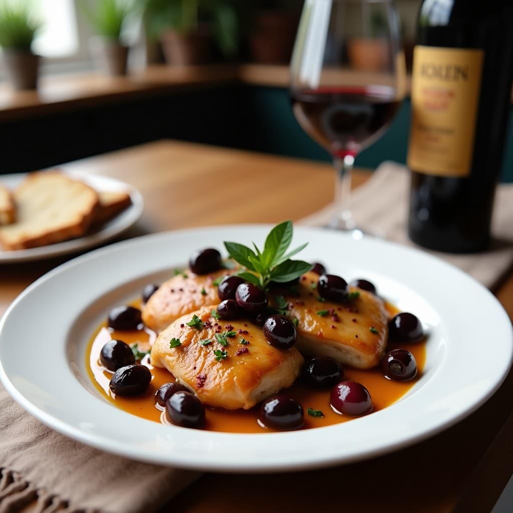 Plato hondo de barro con pollo al vino tinto griego, muslos dorados bañados en salsa oscura con aceitunas kalamata, decorado con tomillo fresco y ralladura de naranja. Receta de olla exprés.